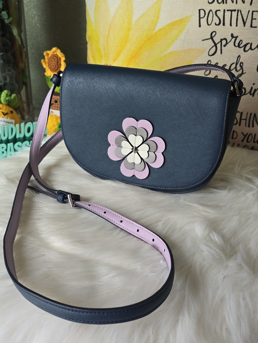 kate spade Navy Crossbody with Pink Flower Applique